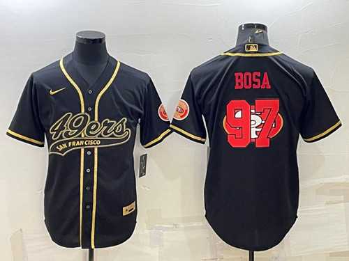 Men%27s San Francisco 49ers #97 Nick Bosa Black Gold Team Big Logo With Patch Cool Base Stitched Baseball Jersey->san francisco 49ers->NFL Jersey